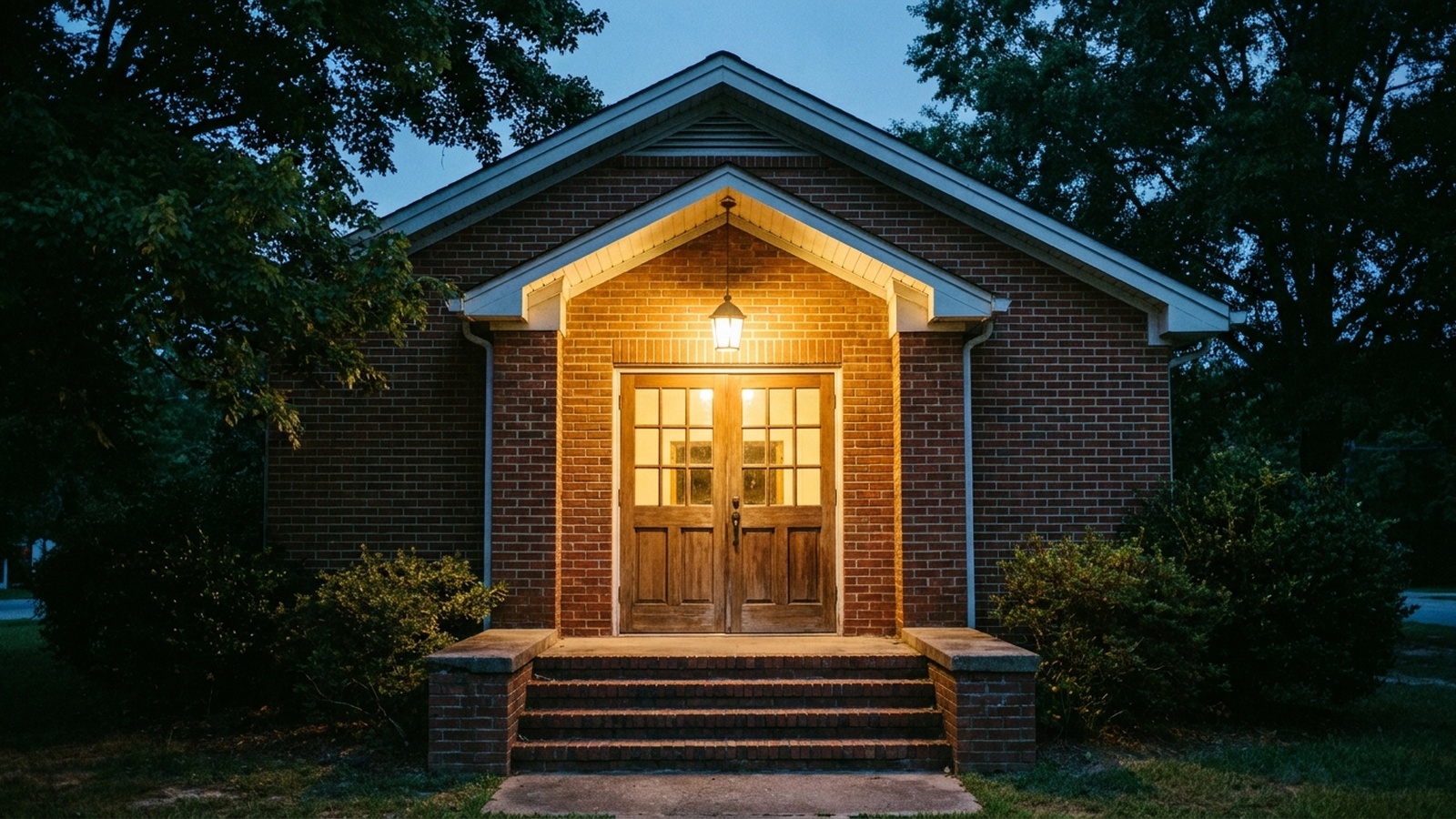 The main entrance seen from the church parking lot after dark
